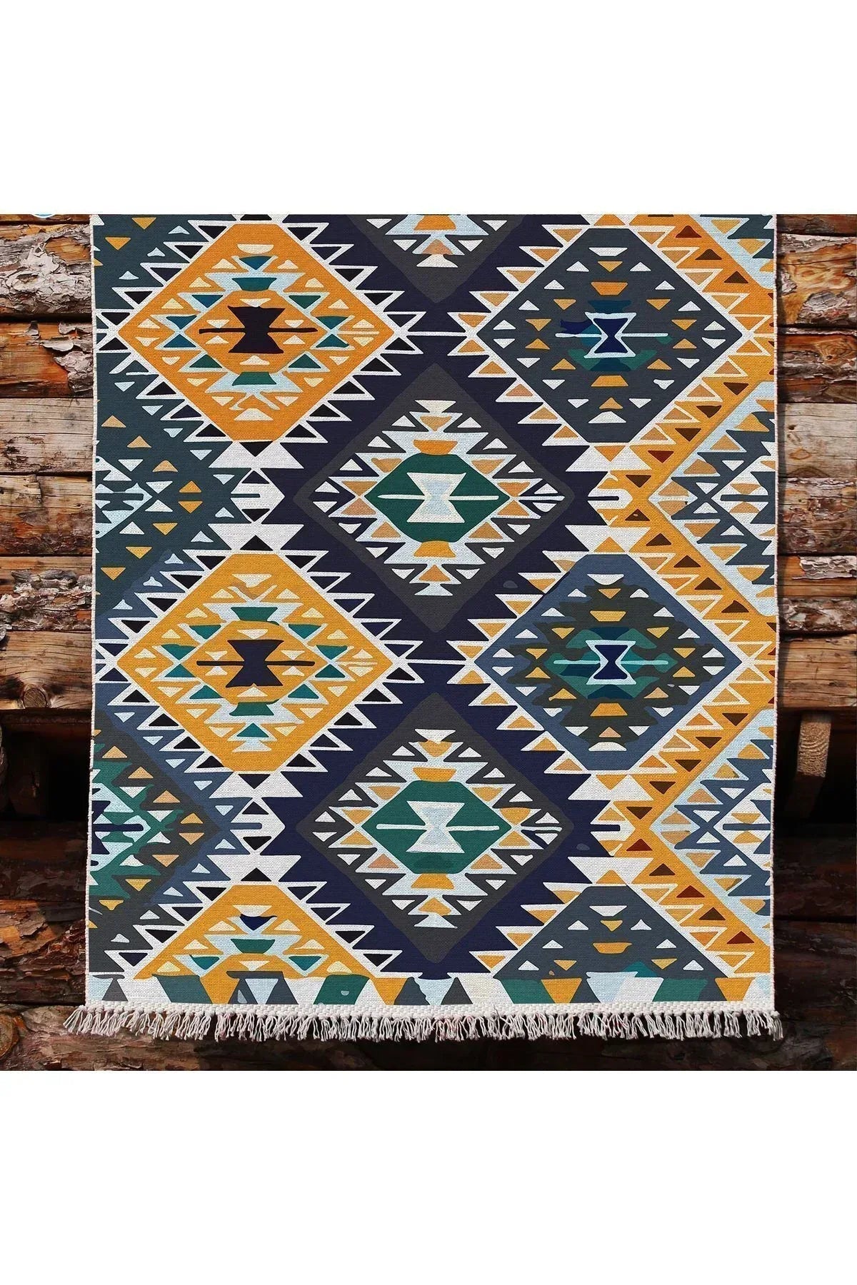 Cotton kilim Hardal Tonunda Geometrik Desenli Dekoratif Yıkanabilen Dokuma Taban Kilim - HALI VAGONU