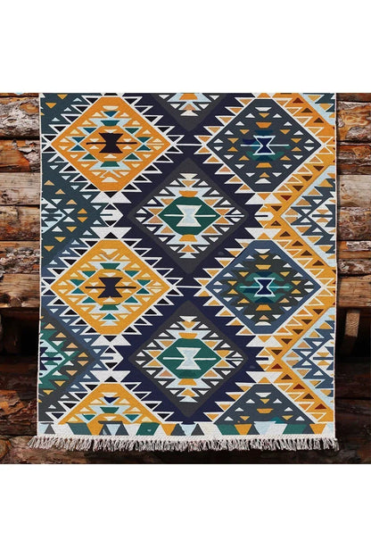 Cotton kilim Hardal Tonunda Geometrik Desenli Dekoratif Yıkanabilen Dokuma Taban Kilim - HALI VAGONU