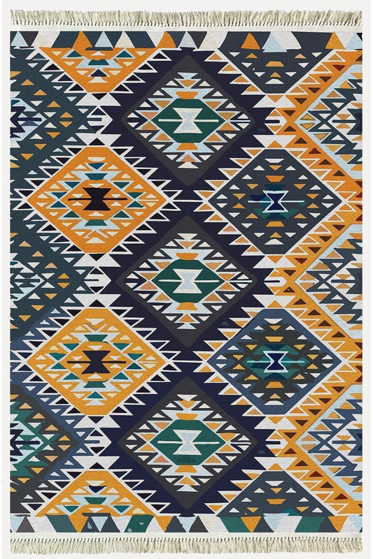 Cotton kilim Hardal Tonunda Geometrik Desenli Dekoratif Yıkanabilen Dokuma Taban Kilim - HALI VAGONU