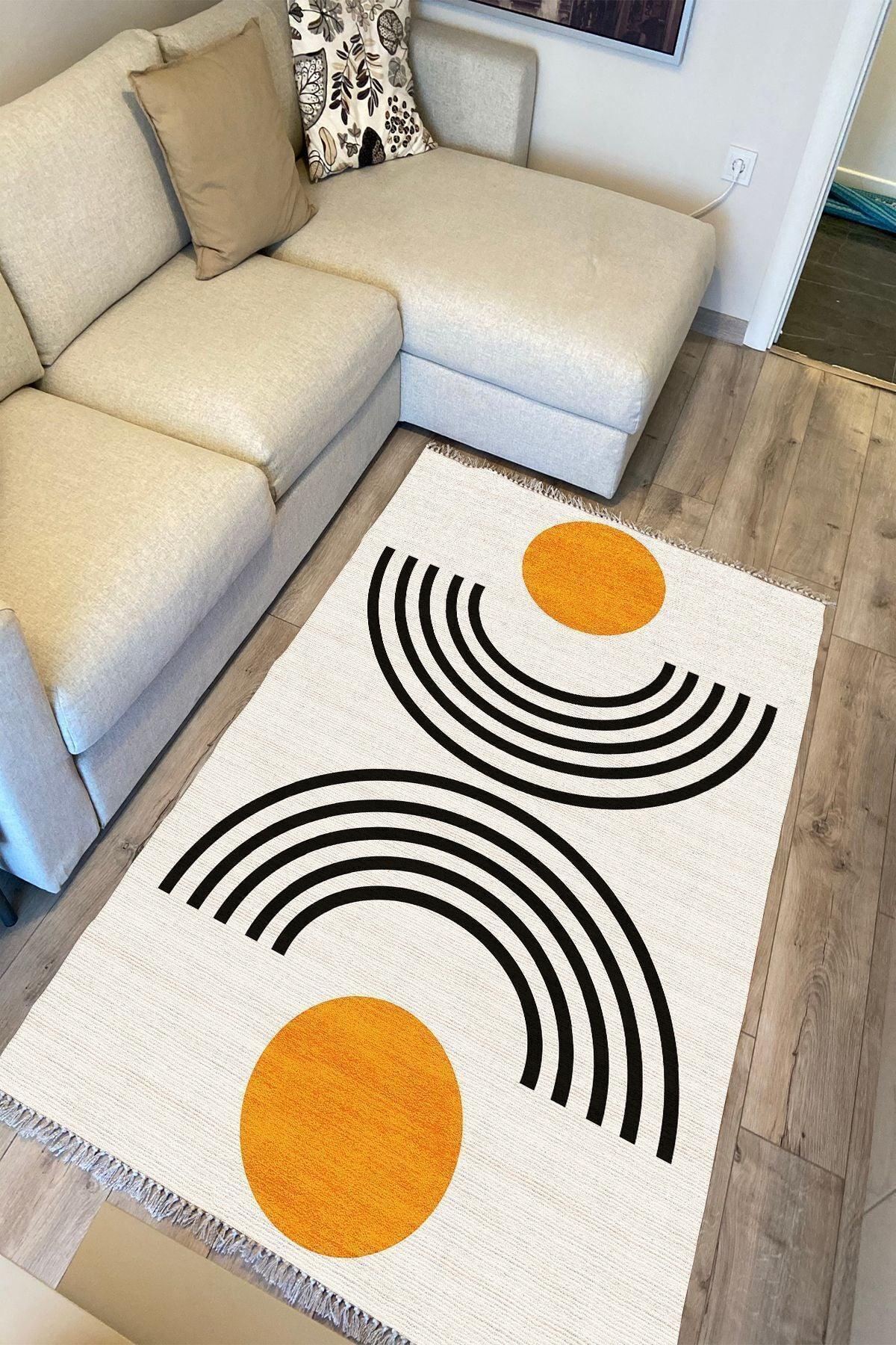 Cotton kilim Krem Tonunda Geometrik Desenli Dekoratif Yıkanabilen Dokuma Taban Kilim - HALI VAGONU