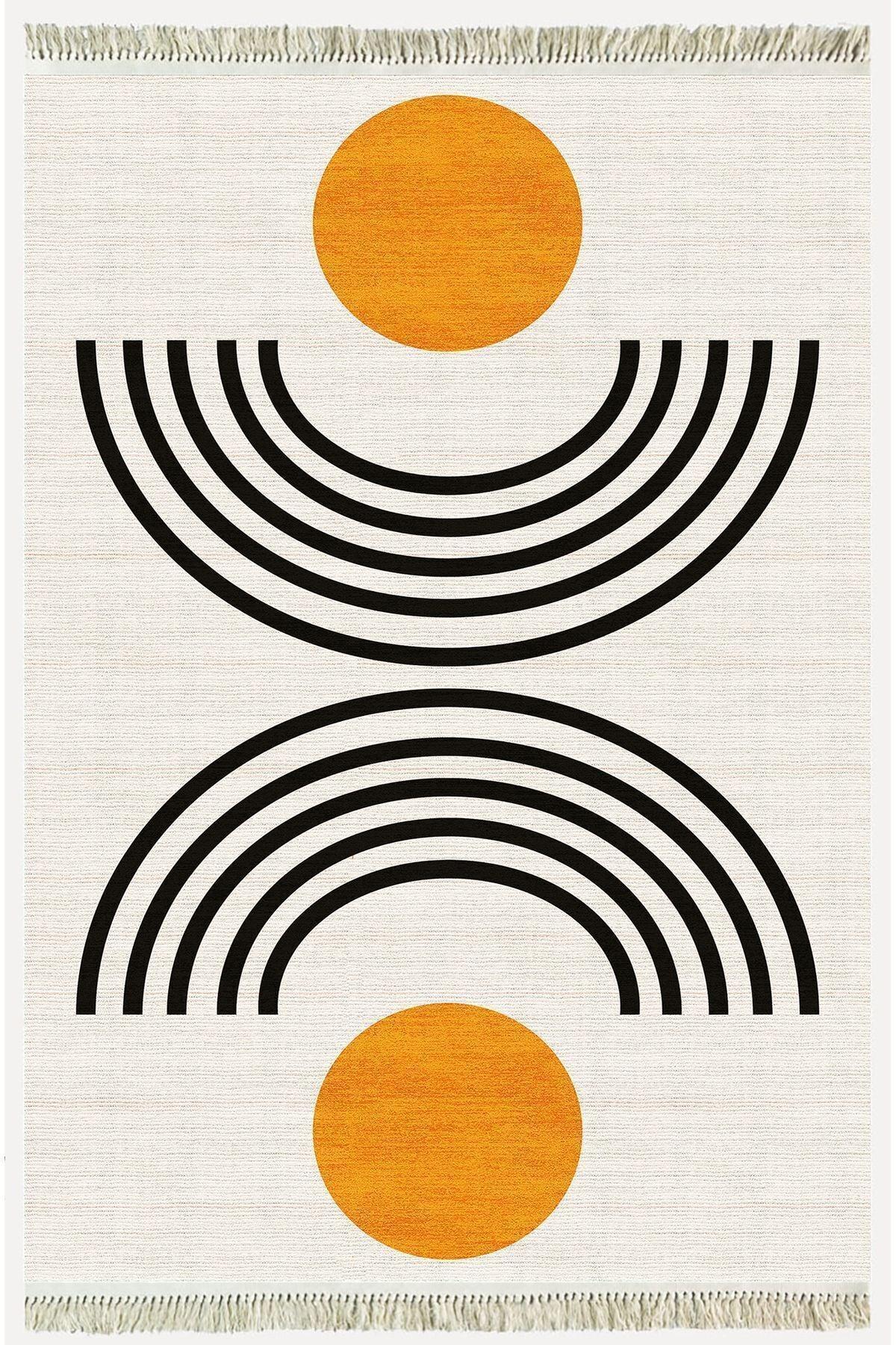 Cotton kilim Krem Tonunda Geometrik Desenli Dekoratif Yıkanabilen Dokuma Taban Kilim - HALI VAGONU