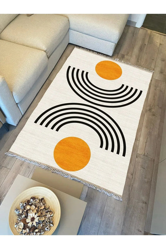 Cotton kilim Krem Tonunda Geometrik Desenli Dekoratif Yıkanabilen Dokuma Taban Kilim - HALI VAGONU