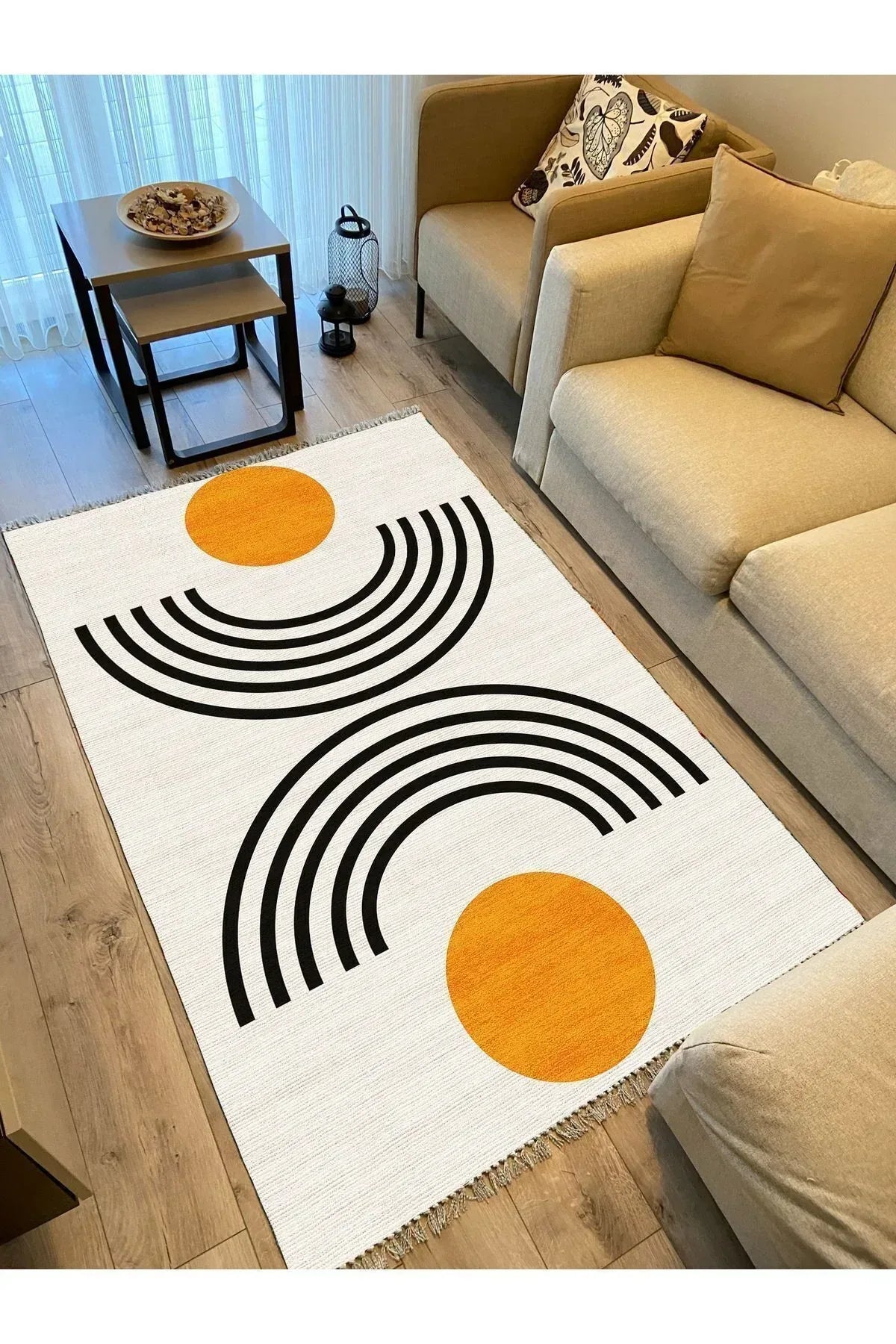 Cotton kilim Krem Tonunda Geometrik Desenli Dekoratif Yıkanabilen Dokuma Taban Kilim - HALI VAGONU