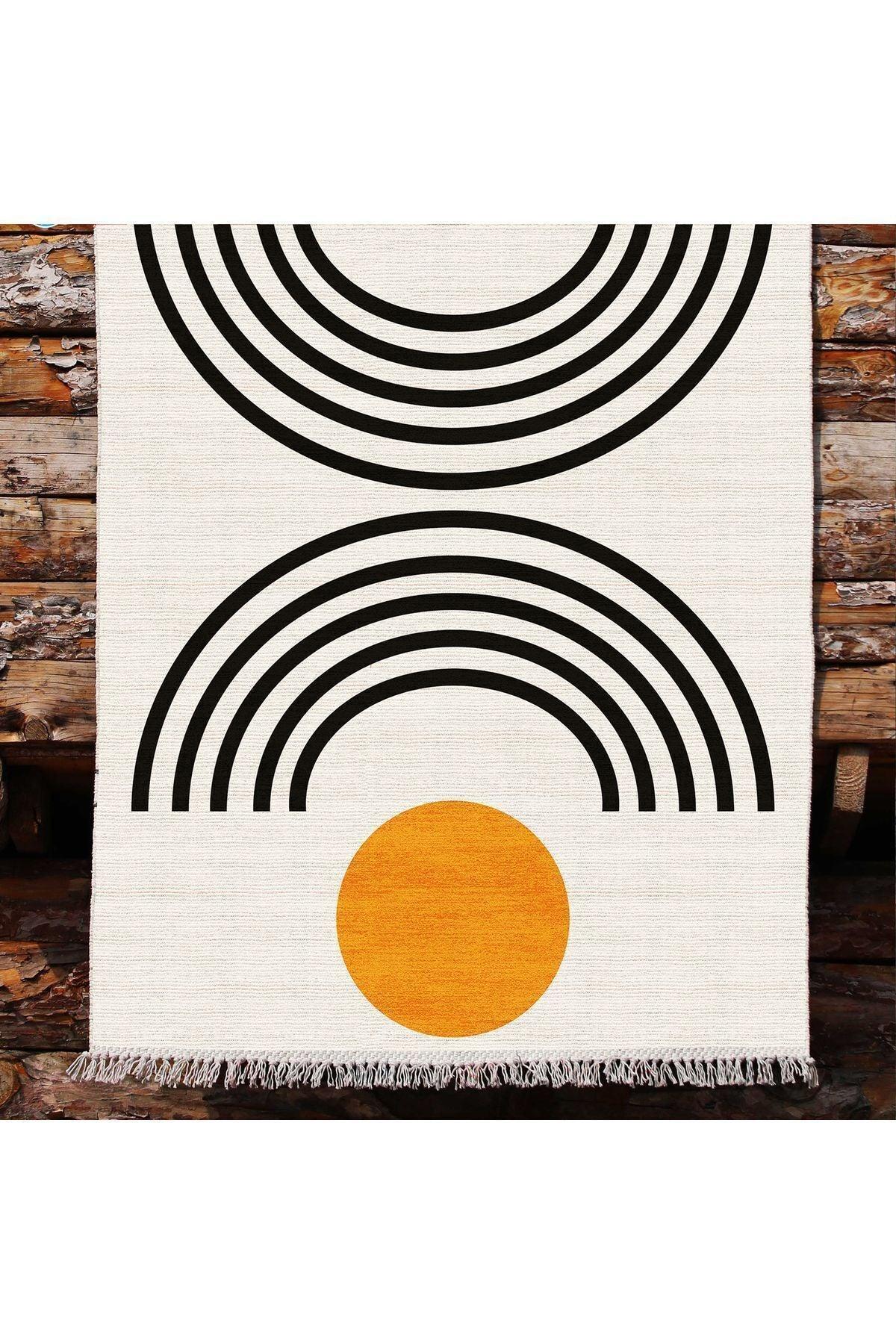 Cotton kilim Krem Tonunda Geometrik Desenli Dekoratif Yıkanabilen Dokuma Taban Kilim - HALI VAGONU