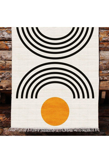 Cotton kilim Krem Tonunda Geometrik Desenli Dekoratif Yıkanabilen Dokuma Taban Kilim - HALI VAGONU