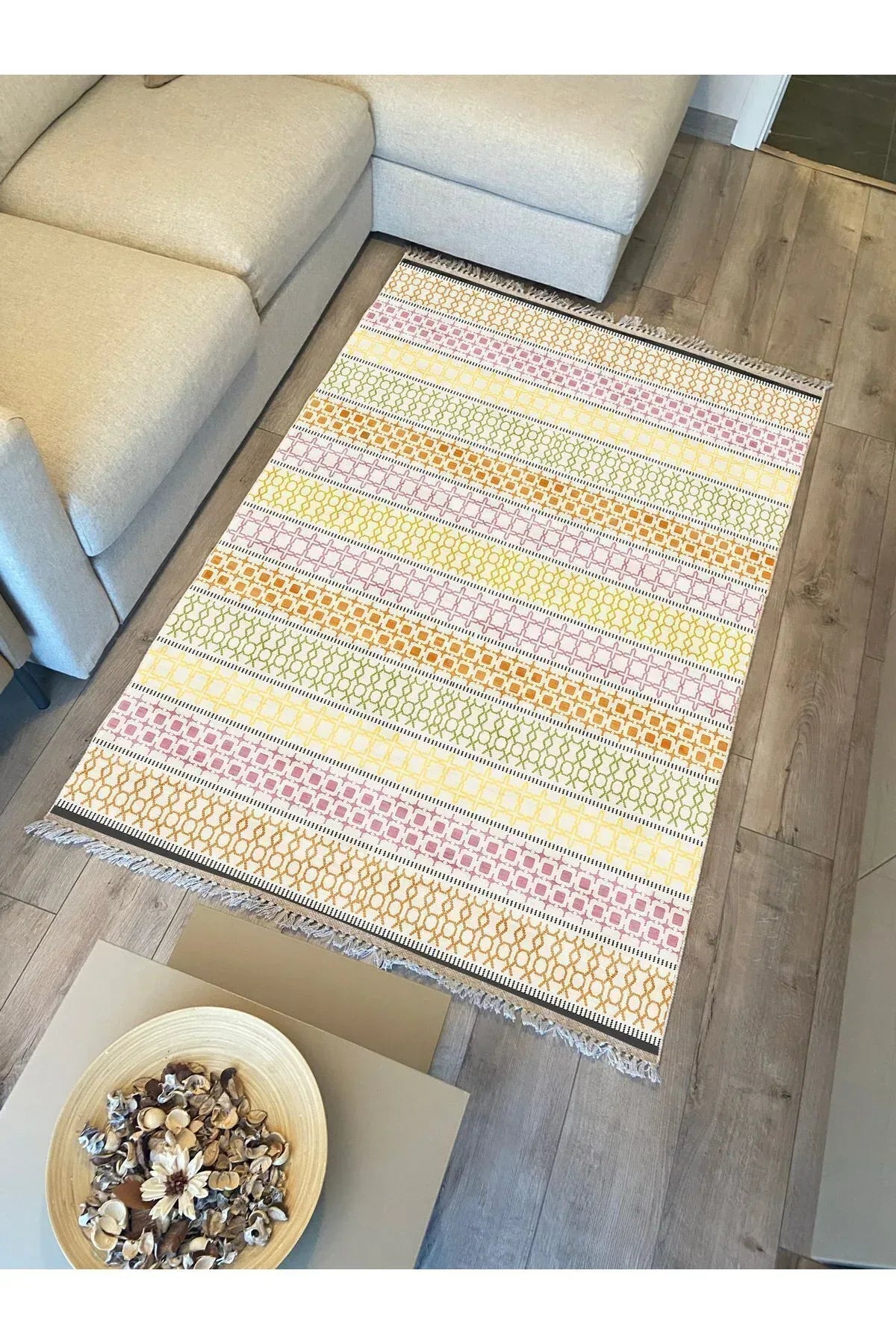 Cotton Kilim35 Renklı Modern Desenli Dekoratif Yıkanabilen Dokuma Taban Kilim - HALI VAGONU