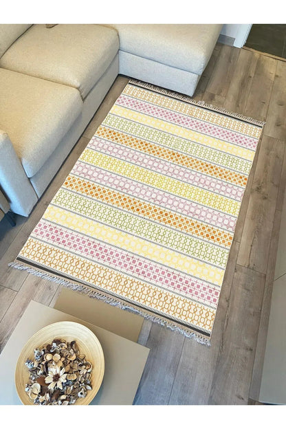 Cotton Kilim35 Renklı Modern Desenli Dekoratif Yıkanabilen Dokuma Taban Kilim - HALI VAGONU