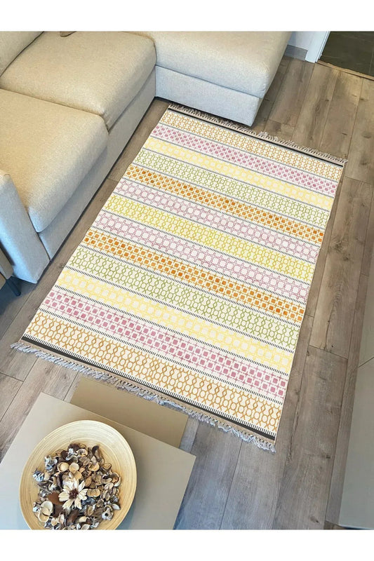 Cotton Kilim35 Renklı Modern Desenli Dekoratif Yıkanabilen Dokuma Taban Kilim - HALI VAGONU