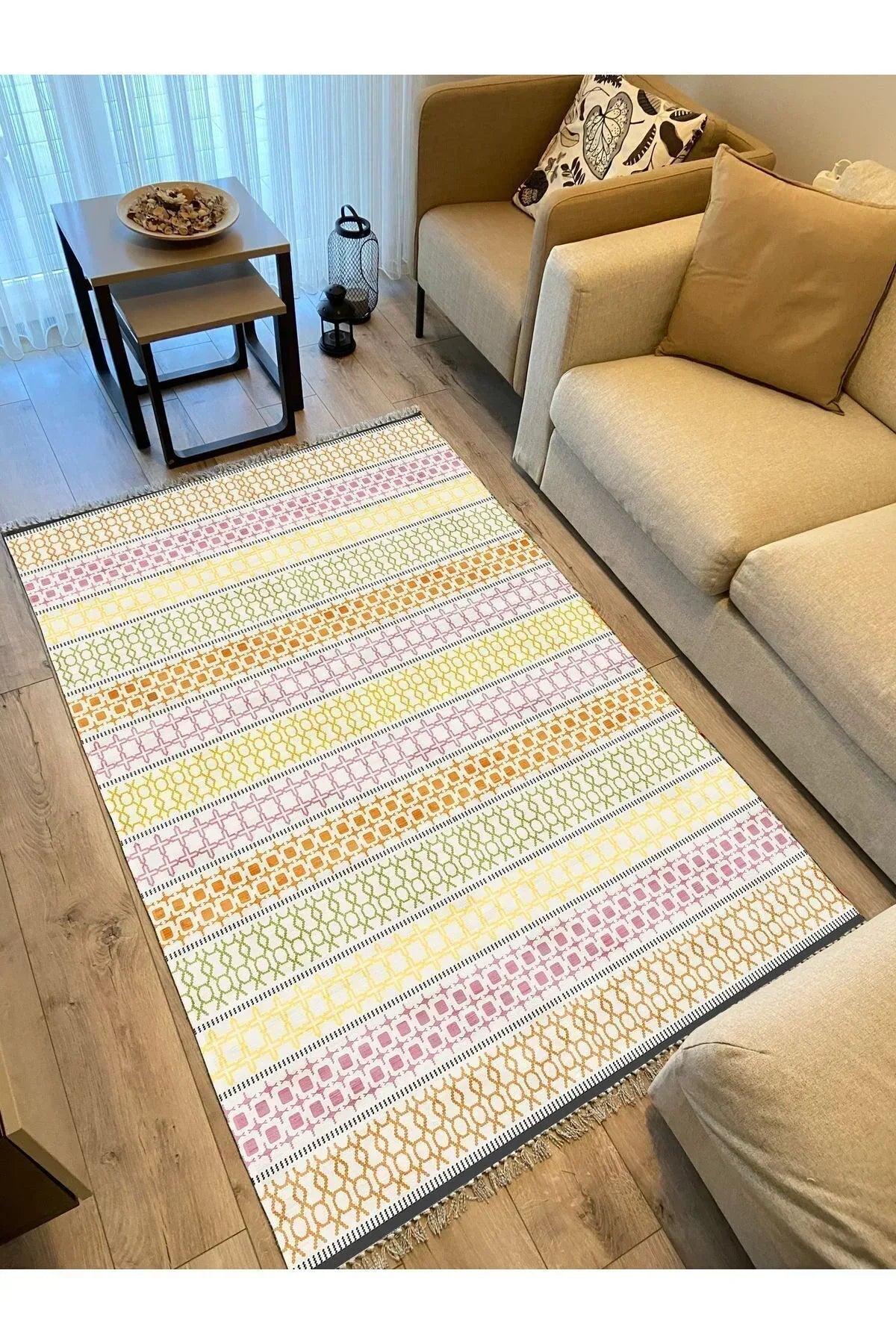 Cotton Kilim35 Renklı Modern Desenli Dekoratif Yıkanabilen Dokuma Taban Kilim - HALI VAGONU