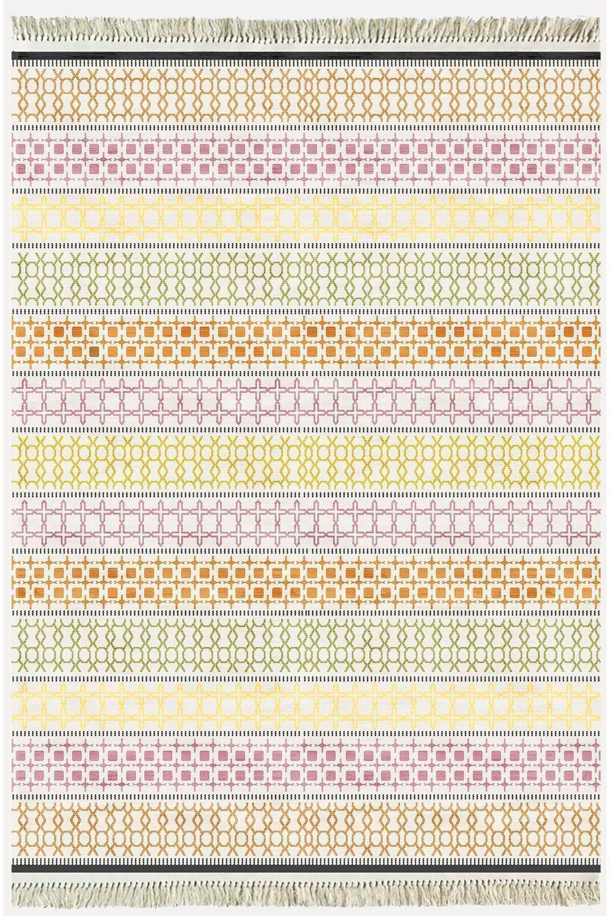 Cotton Kilim35 Renklı Modern Desenli Dekoratif Yıkanabilen Dokuma Taban Kilim - HALI VAGONU