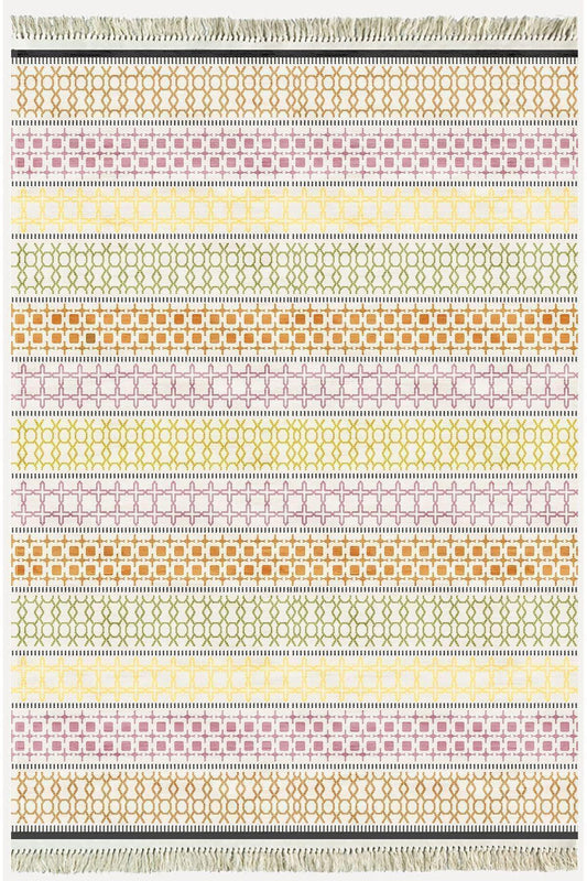 Cotton Kilim35 Renklı Modern Desenli Dekoratif Yıkanabilen Dokuma Taban Kilim - HALI VAGONU
