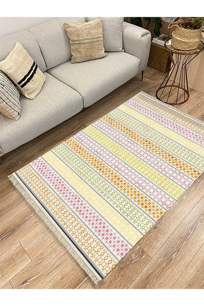 Cotton Kilim35 Renklı Modern Desenli Dekoratif Yıkanabilen Dokuma Taban Kilim - HALI VAGONU