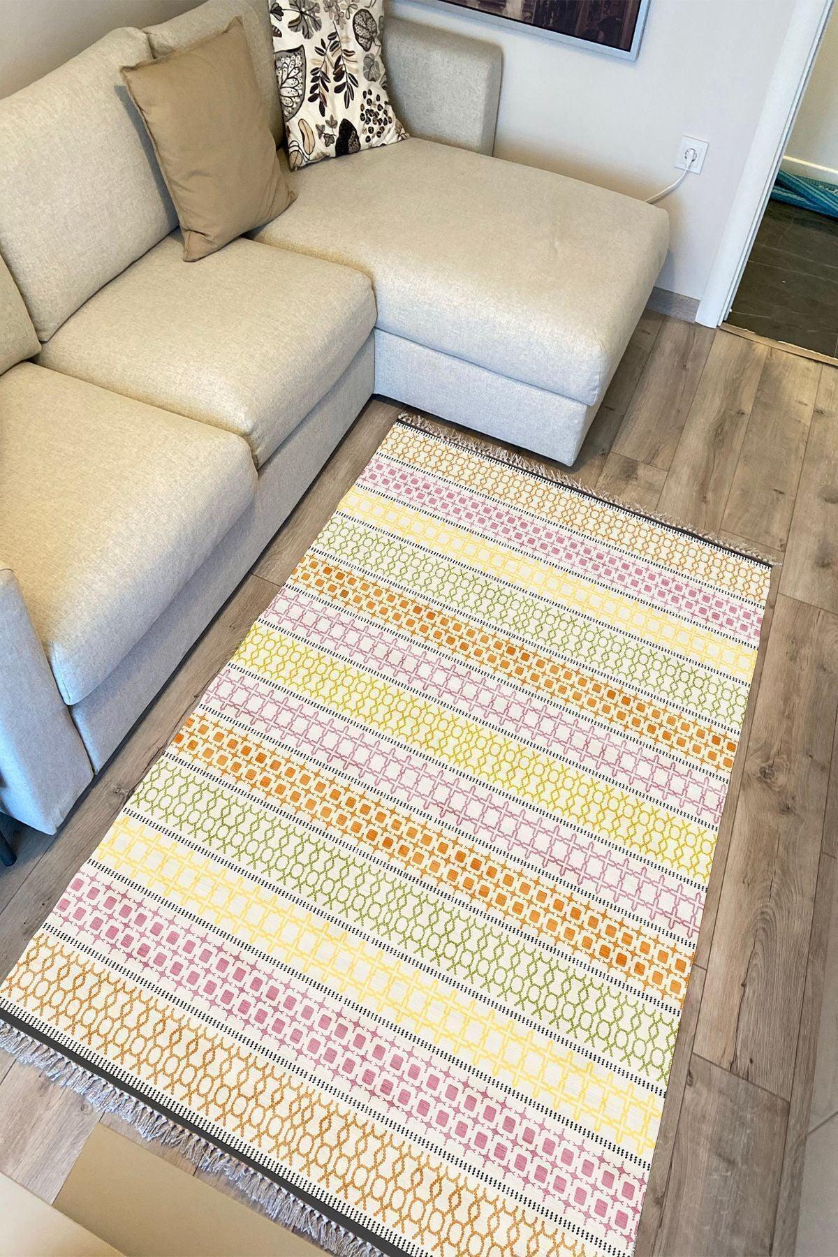 Cotton Kilim35 Renklı Modern Desenli Dekoratif Yıkanabilen Dokuma Taban Kilim - HALI VAGONU
