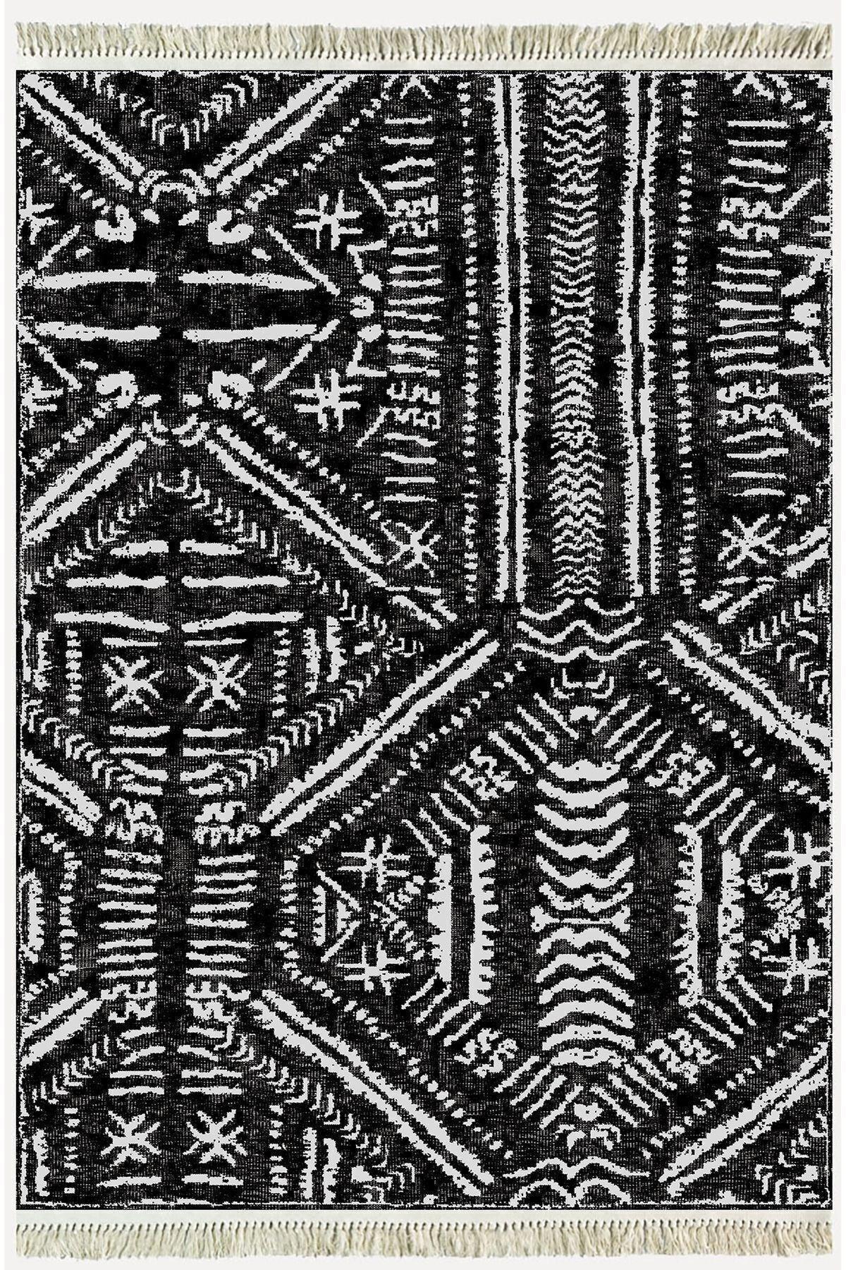 Cotton Kilim46 Siyah Zeminli Geneleksel Motifler Modern Dekoratif Yıkanabilen Dokuma Kilim - HALI VAGONU