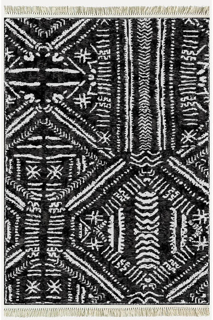 Cotton Kilim46 Siyah Zeminli Geneleksel Motifler Modern Dekoratif Yıkanabilen Dokuma Kilim - HALI VAGONU