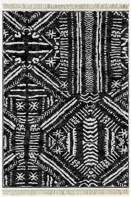 Cotton Kilim46 Siyah Zeminli Geneleksel Motifler Modern Dekoratif Yıkanabilen Dokuma Kilim - HALI VAGONU