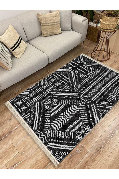 Cotton Kilim46 Siyah Zeminli Geneleksel Motifler Modern Dekoratif Yıkanabilen Dokuma Kilim - HALI VAGONU