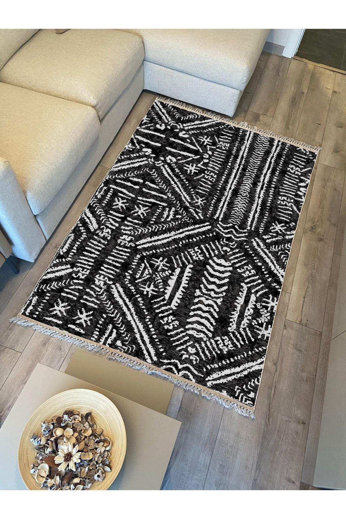 Cotton Kilim46 Siyah Zeminli Geneleksel Motifler Modern Dekoratif Yıkanabilen Dokuma Kilim - HALI VAGONU