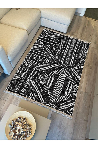 Cotton Kilim46 Siyah Zeminli Geneleksel Motifler Modern Dekoratif Yıkanabilen Dokuma Kilim - HALI VAGONU