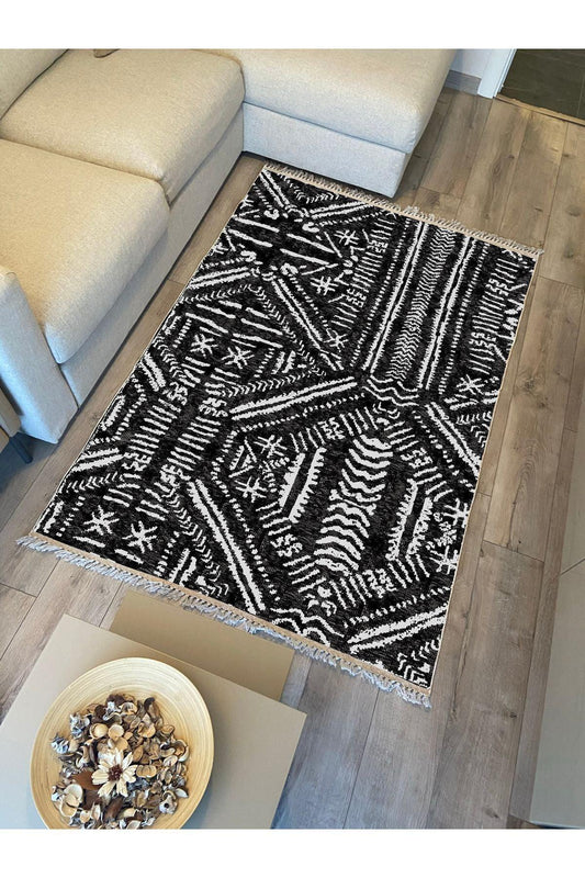 Cotton Kilim46 Siyah Zeminli Geneleksel Motifler Modern Dekoratif Yıkanabilen Dokuma Kilim - HALI VAGONU