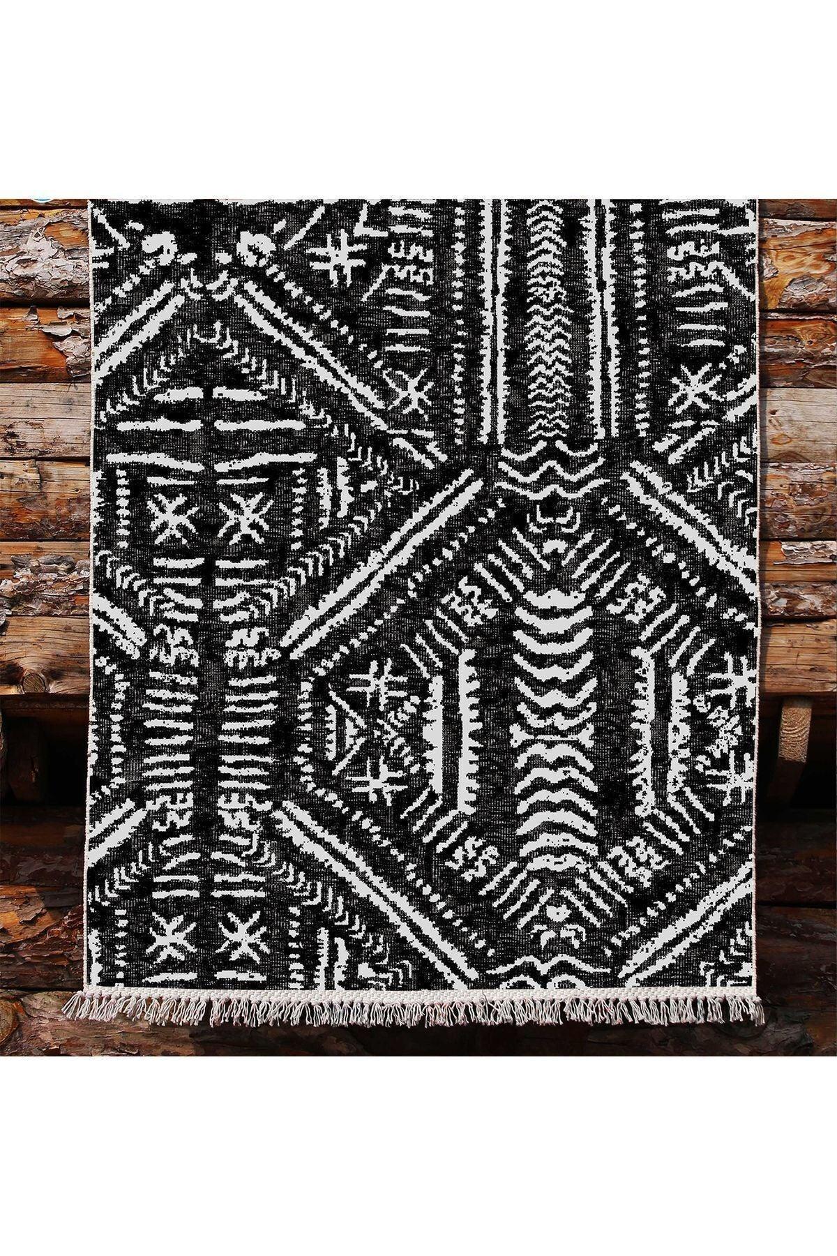 Cotton Kilim46 Siyah Zeminli Geneleksel Motifler Modern Dekoratif Yıkanabilen Dokuma Kilim - HALI VAGONU