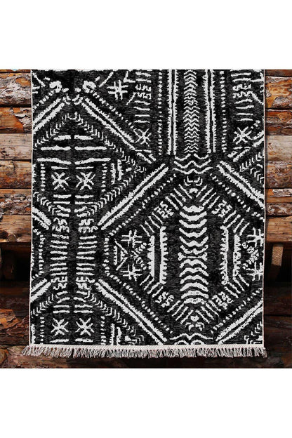 Cotton Kilim46 Siyah Zeminli Geneleksel Motifler Modern Dekoratif Yıkanabilen Dokuma Kilim - HALI VAGONU