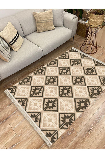 Cotton Kilim48 Jut Zeminli Geneleksel Motifler Modern Dekoratif Yıkanabilen Dokuma Kilim - HALI VAGONU