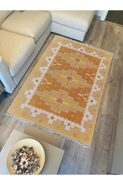 Cotton Kilim59 Jut Geleneksel Motifler Modern Dekoratif Saçaklı Yıkanabilen Dokuma Kilim - HALI VAGONU