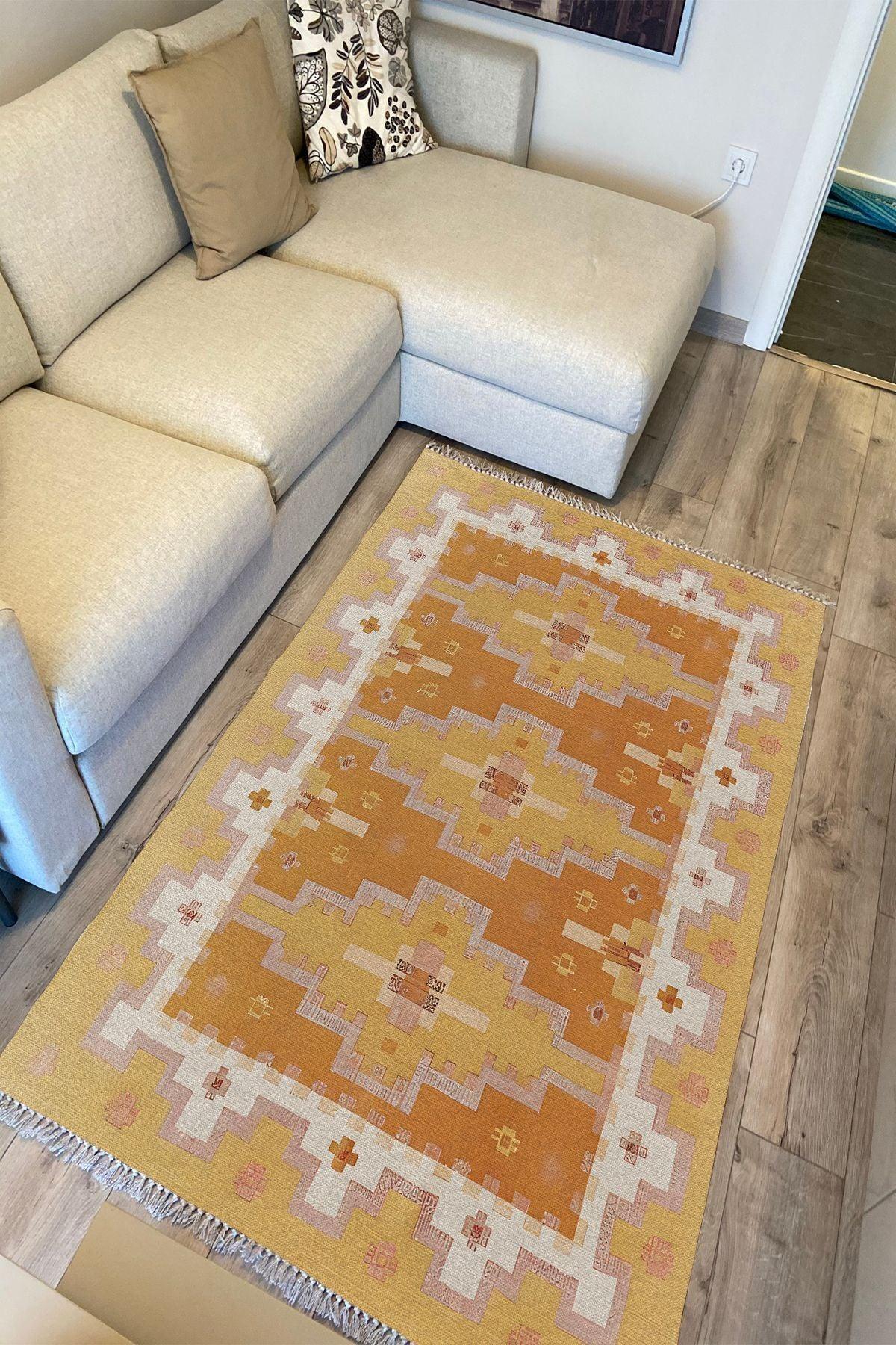 Cotton Kilim59 Jut Geleneksel Motifler Modern Dekoratif Saçaklı Yıkanabilen Dokuma Kilim - HALI VAGONU