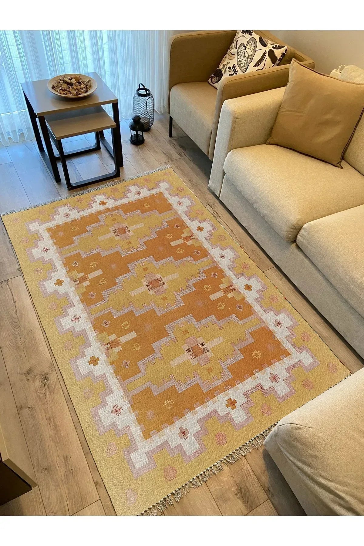 Cotton Kilim59 Jut Geleneksel Motifler Modern Dekoratif Saçaklı Yıkanabilen Dokuma Kilim - HALI VAGONU