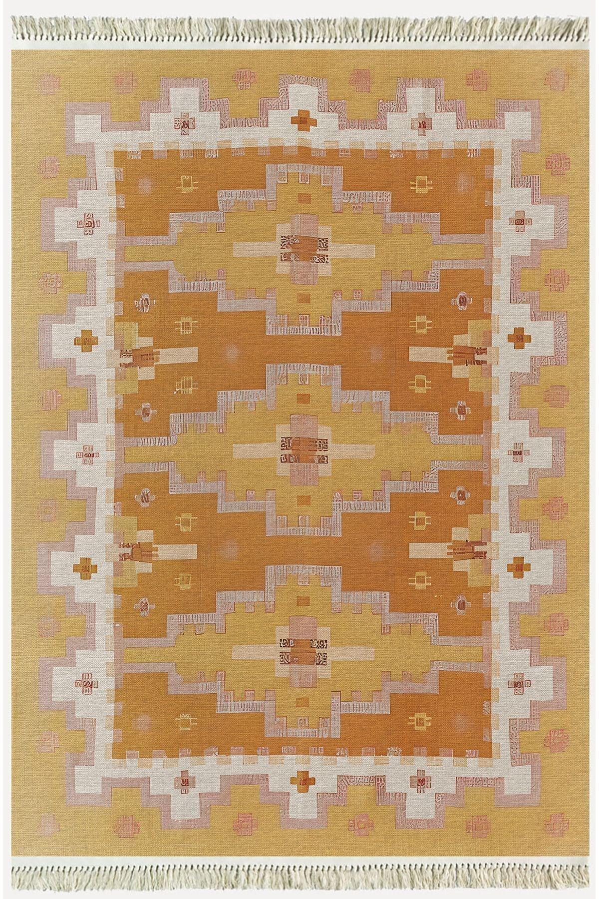 Cotton Kilim59 Jut Geleneksel Motifler Modern Dekoratif Saçaklı Yıkanabilen Dokuma Kilim - HALI VAGONU