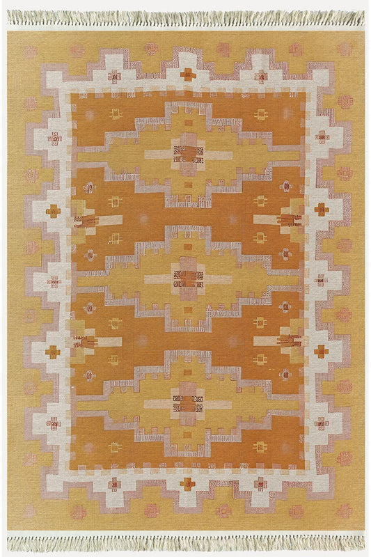 Cotton Kilim59 Jut Geleneksel Motifler Modern Dekoratif Saçaklı Yıkanabilen Dokuma Kilim - HALI VAGONU