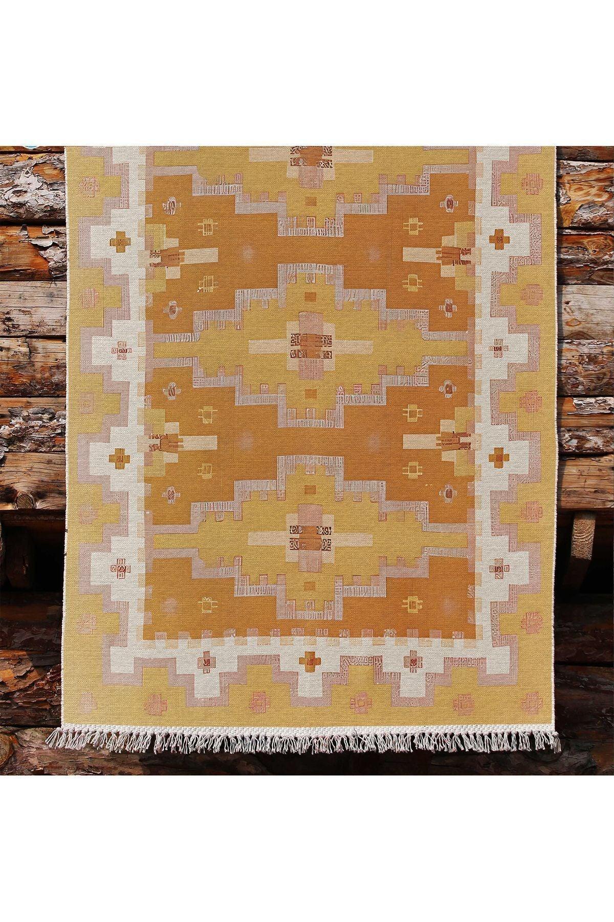Cotton Kilim59 Jut Geleneksel Motifler Modern Dekoratif Saçaklı Yıkanabilen Dokuma Kilim - HALI VAGONU