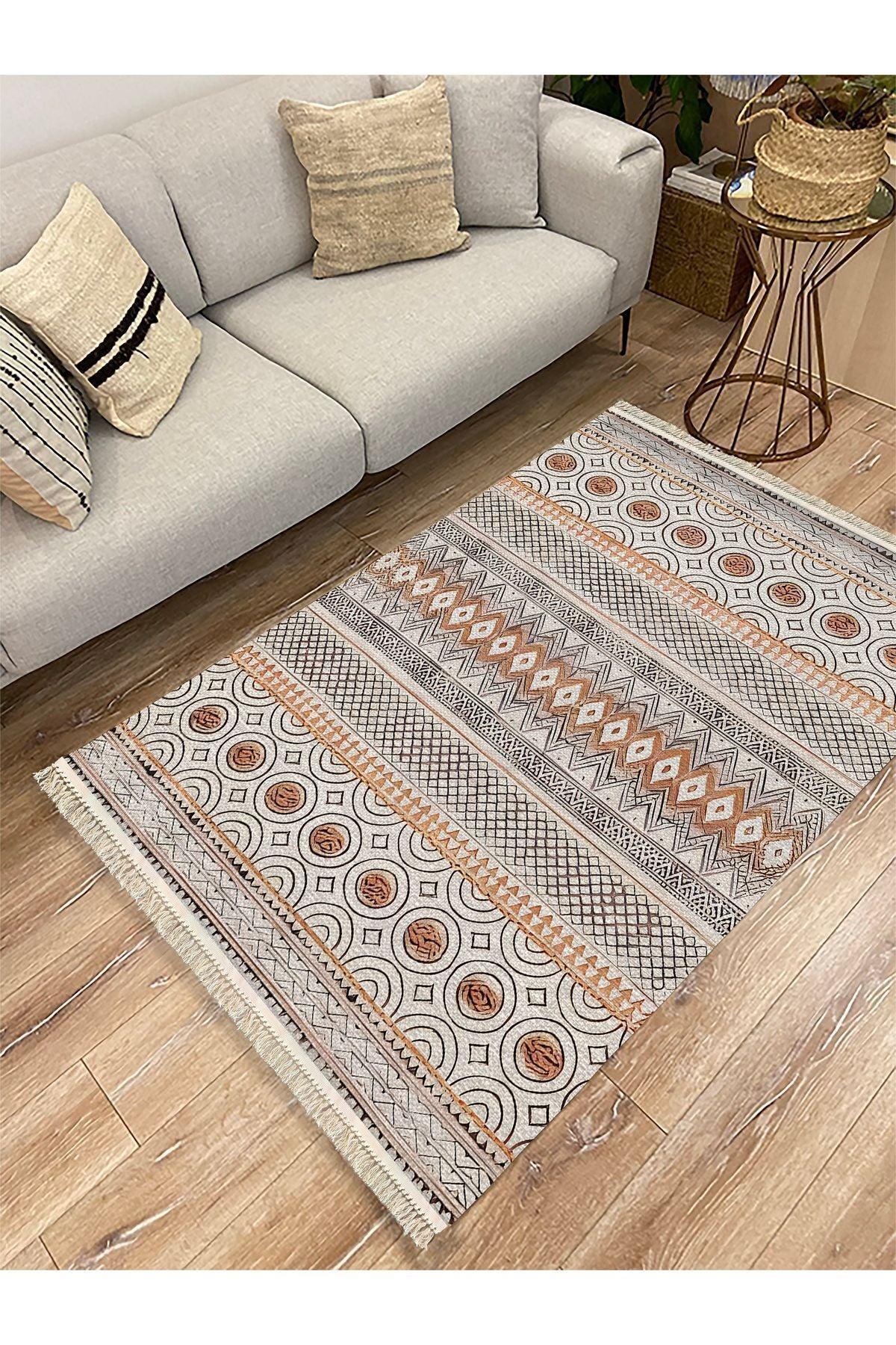 Cotton Kilim67 Multu Iskandinav Motifler Modern Dekoratif Saçaklı Yıkanabilen Dokuma Kilim - HALI VAGONU