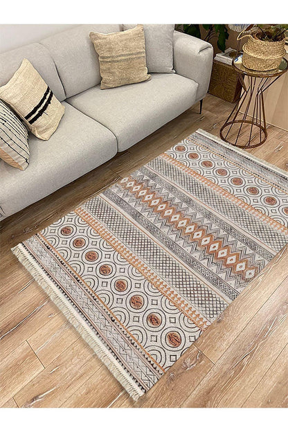 Cotton Kilim67 Multu Iskandinav Motifler Modern Dekoratif Saçaklı Yıkanabilen Dokuma Kilim - HALI VAGONU