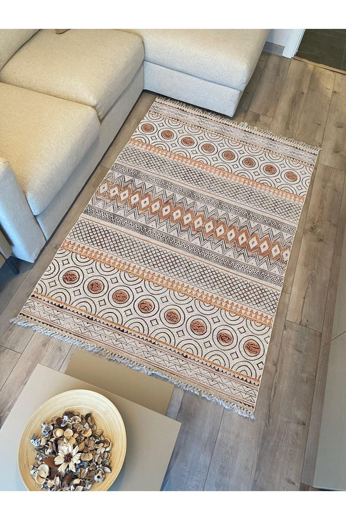 Cotton Kilim67 Multu Iskandinav Motifler Modern Dekoratif Saçaklı Yıkanabilen Dokuma Kilim - HALI VAGONU