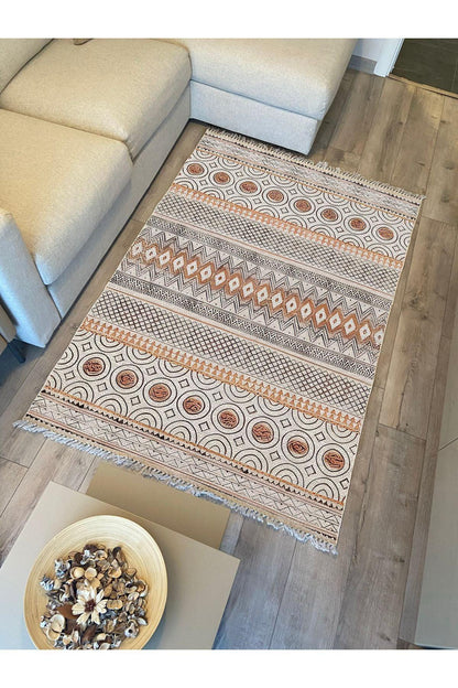 Cotton Kilim67 Multu Iskandinav Motifler Modern Dekoratif Saçaklı Yıkanabilen Dokuma Kilim - HALI VAGONU