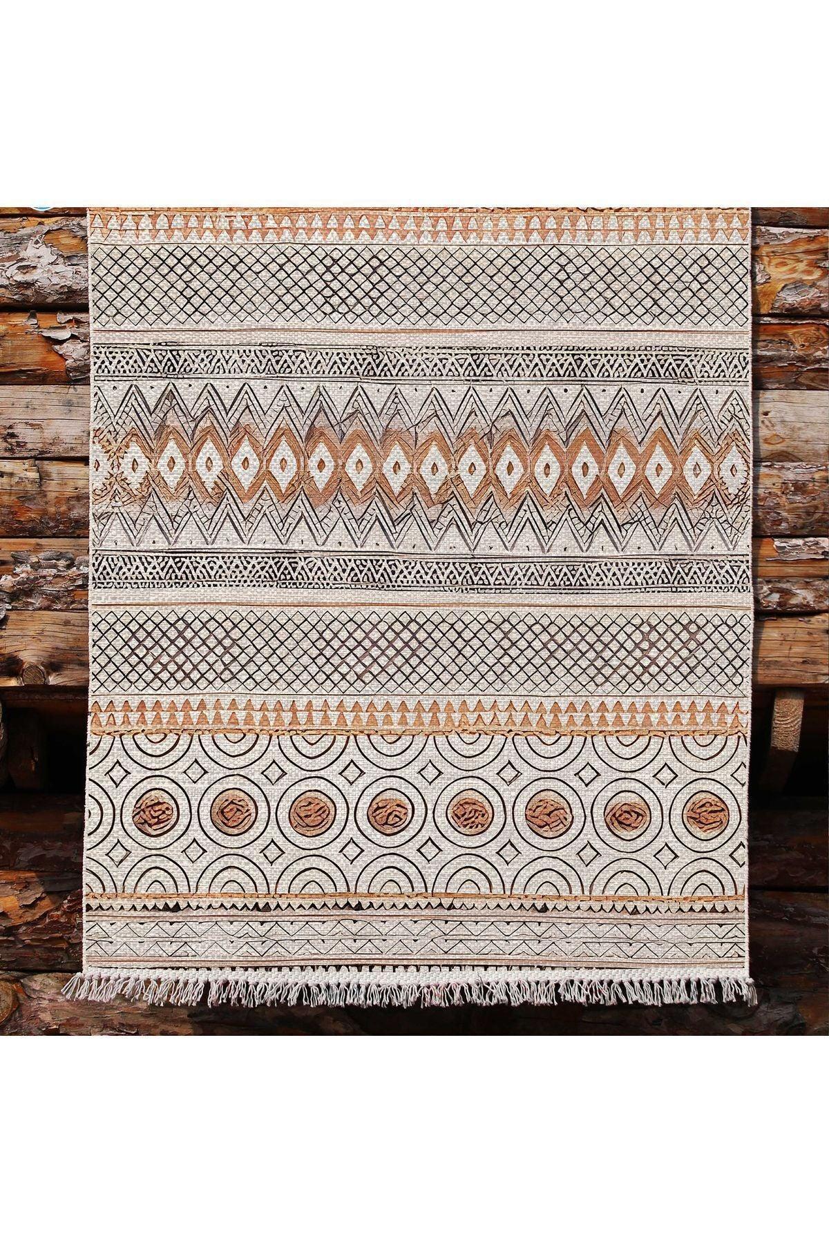 Cotton Kilim67 Multu Iskandinav Motifler Modern Dekoratif Saçaklı Yıkanabilen Dokuma Kilim - HALI VAGONU