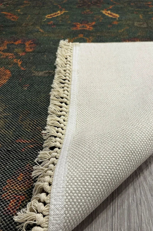 Cotton Koyu Yeşil Desenli Çok Renkli Bohem Pamuk Taban Kilim 2214 - HALI VAGONU