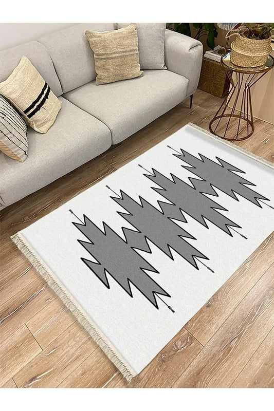 Cotton Serisi Açık Gri Ve Gri Tonunda Geometrik Desen Dekoratif Dokuma Taban Kilim - HALI VAGONU