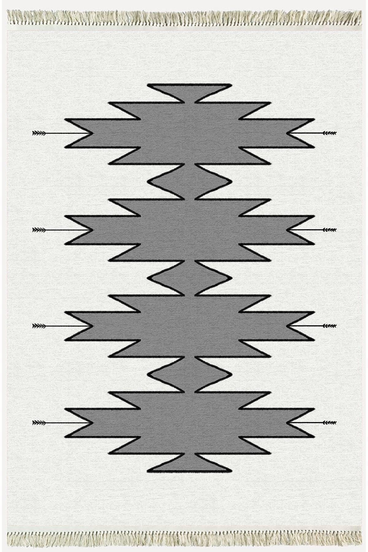 Cotton Serisi Açık Gri Ve Gri Tonunda Geometrik Desen Dekoratif Dokuma Taban Kilim - HALI VAGONU
