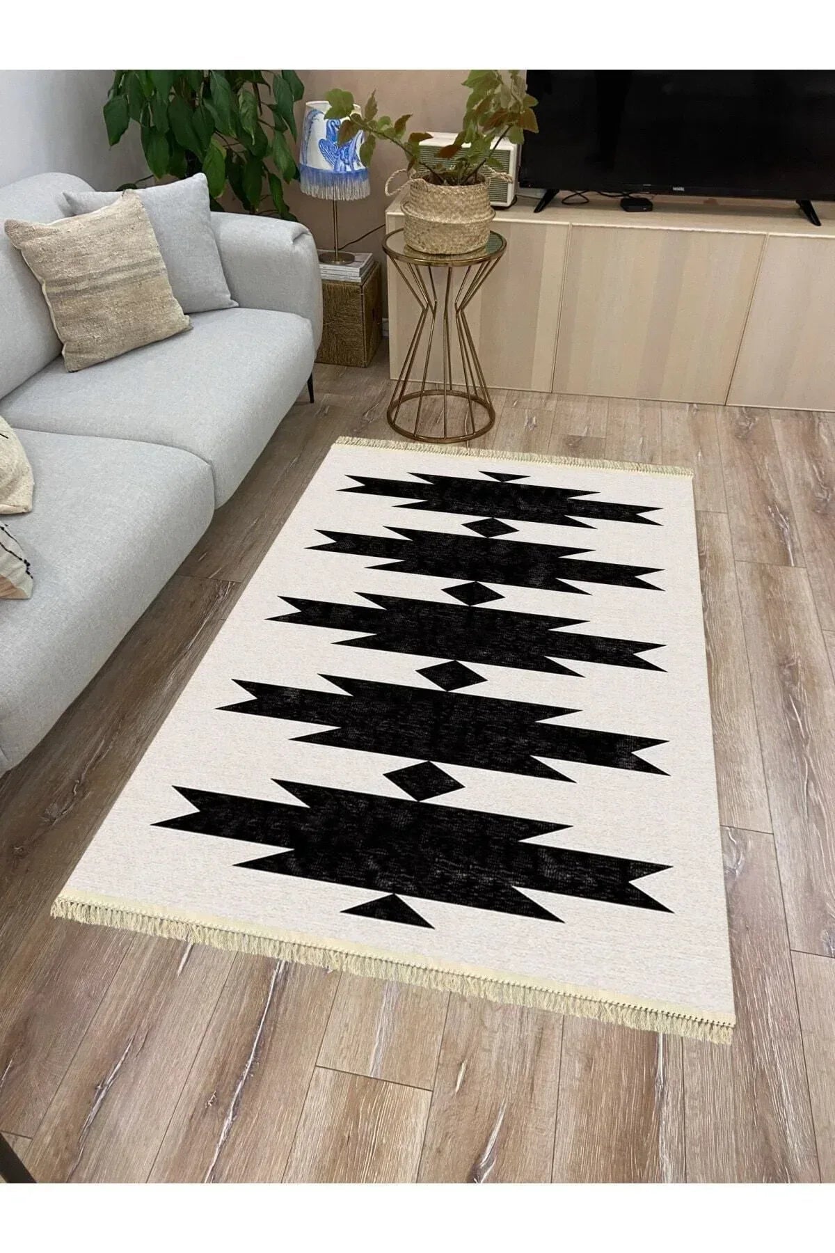 Cotton Serisi Açık Gri Ve Siyah Tonunda Geometrik Desen Dekoratif Dokuma Taban Kilim - HALI VAGONU