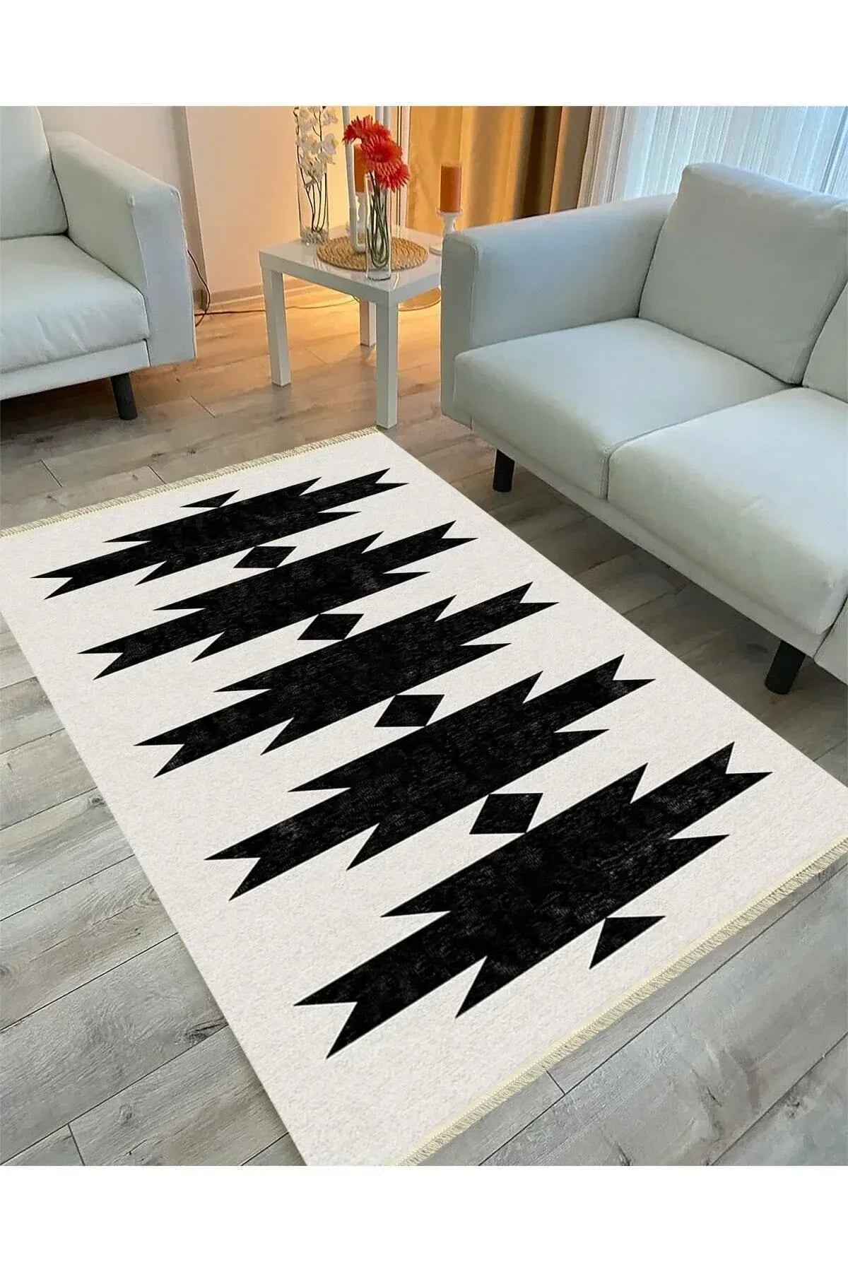 Cotton Serisi Açık Gri Ve Siyah Tonunda Geometrik Desen Dekoratif Dokuma Taban Kilim - HALI VAGONU