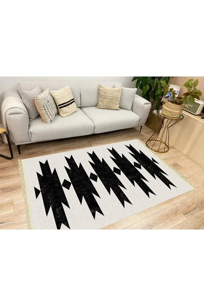 Cotton Serisi Açık Gri Ve Siyah Tonunda Geometrik Desen Dekoratif Dokuma Taban Kilim - HALI VAGONU