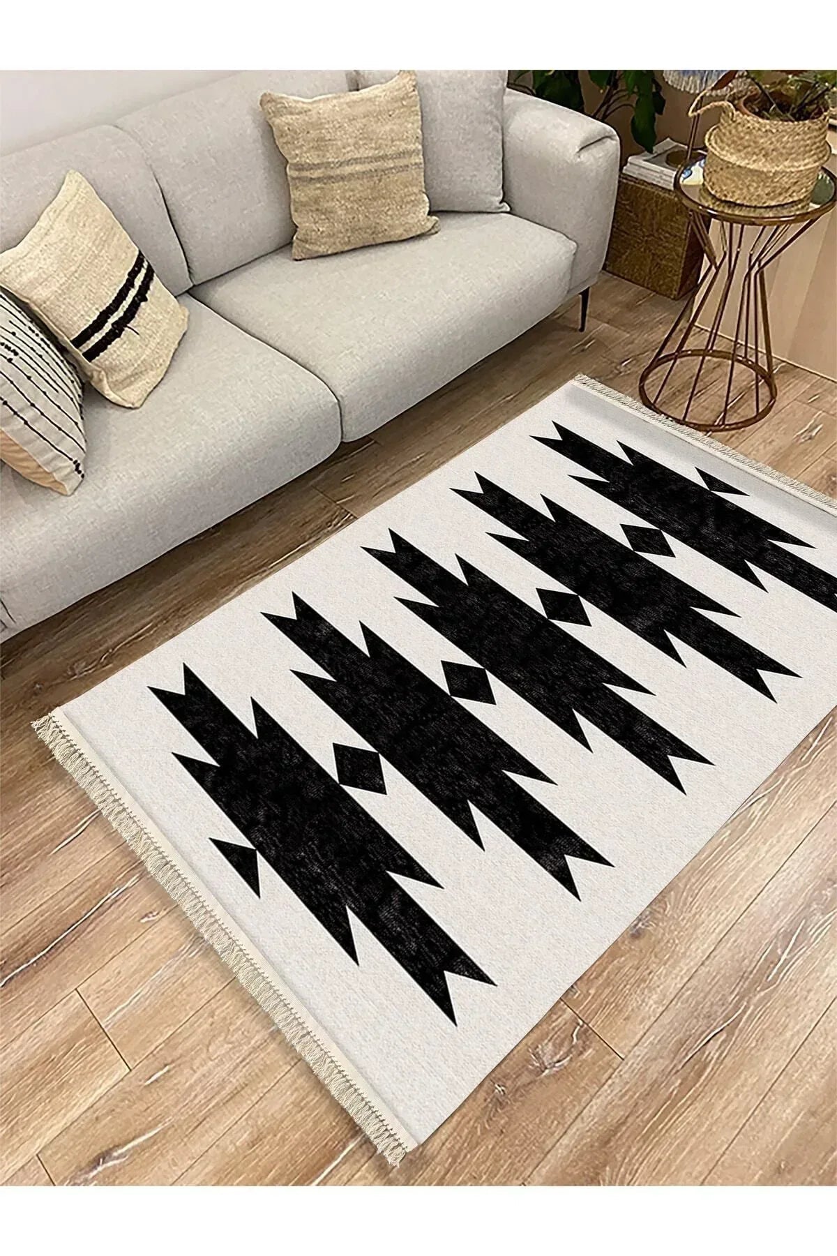 Cotton Serisi Açık Gri Ve Siyah Tonunda Geometrik Desen Dekoratif Dokuma Taban Kilim - HALI VAGONU