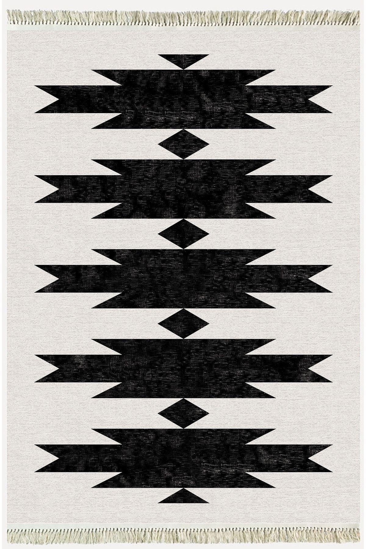 Cotton Serisi Açık Gri Ve Siyah Tonunda Geometrik Desen Dekoratif Dokuma Taban Kilim - HALI VAGONU