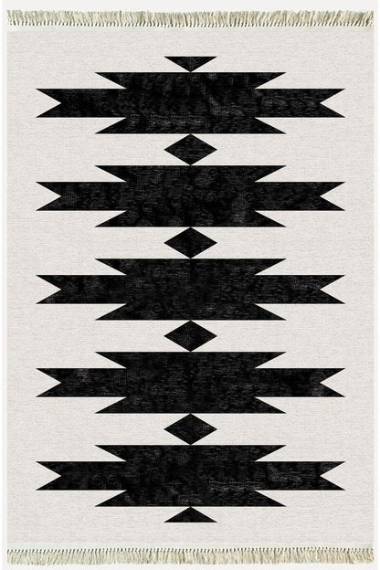 Cotton Serisi Açık Gri Ve Siyah Tonunda Geometrik Desen Dekoratif Dokuma Taban Kilim - HALI VAGONU