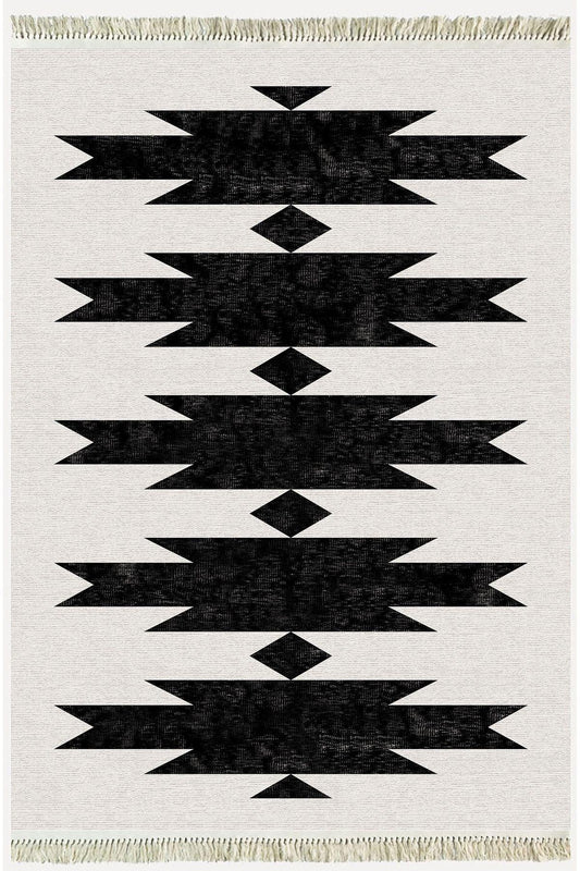 Cotton Serisi Açık Gri Ve Siyah Tonunda Geometrik Desen Dekoratif Dokuma Taban Kilim - HALI VAGONU