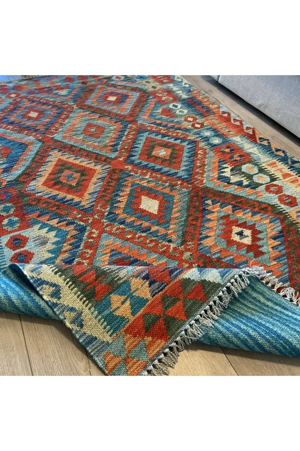 Cotton Serisi Açık Mavi Tonunda Baklavalı Geometrik Desen Dekoratif Dokuma Taban Kilim - HALI VAGONU