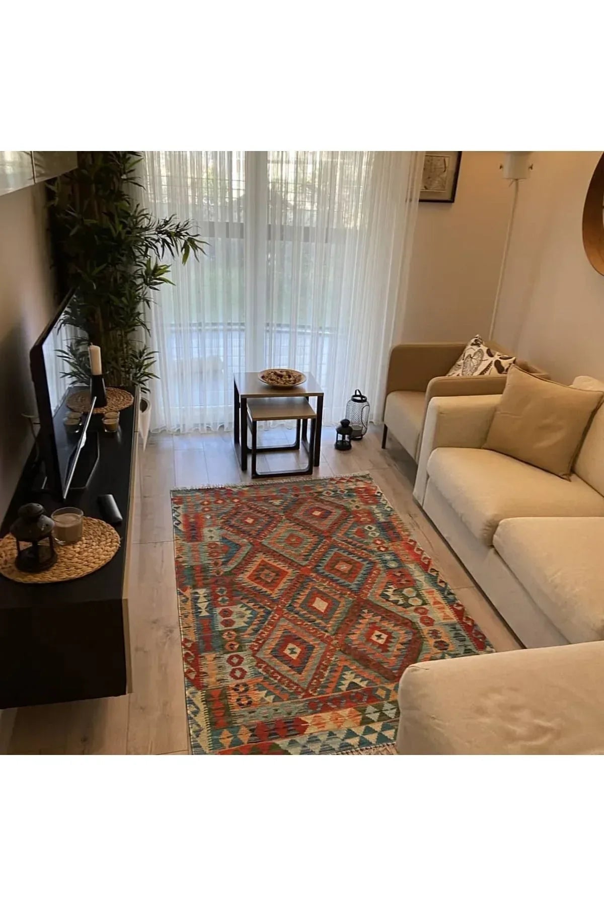 Cotton Serisi Açık Mavi Tonunda Baklavalı Geometrik Desen Dekoratif Dokuma Taban Kilim - HALI VAGONU